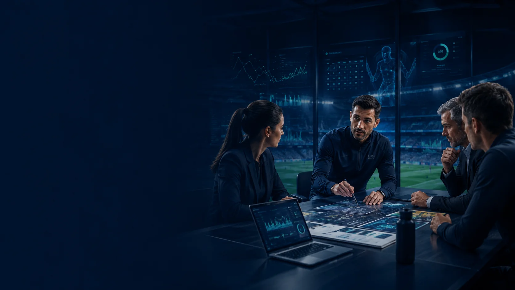 Equipo de gestión deportiva trabajando con datos